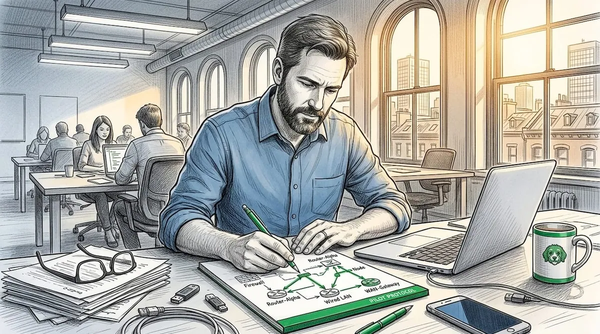 Engineer sketching overlay network on paper