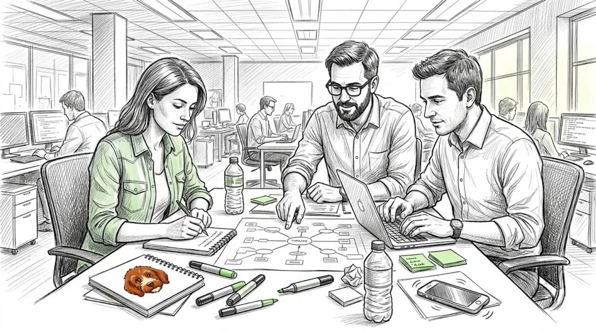 Team collaborating on distributed system diagram